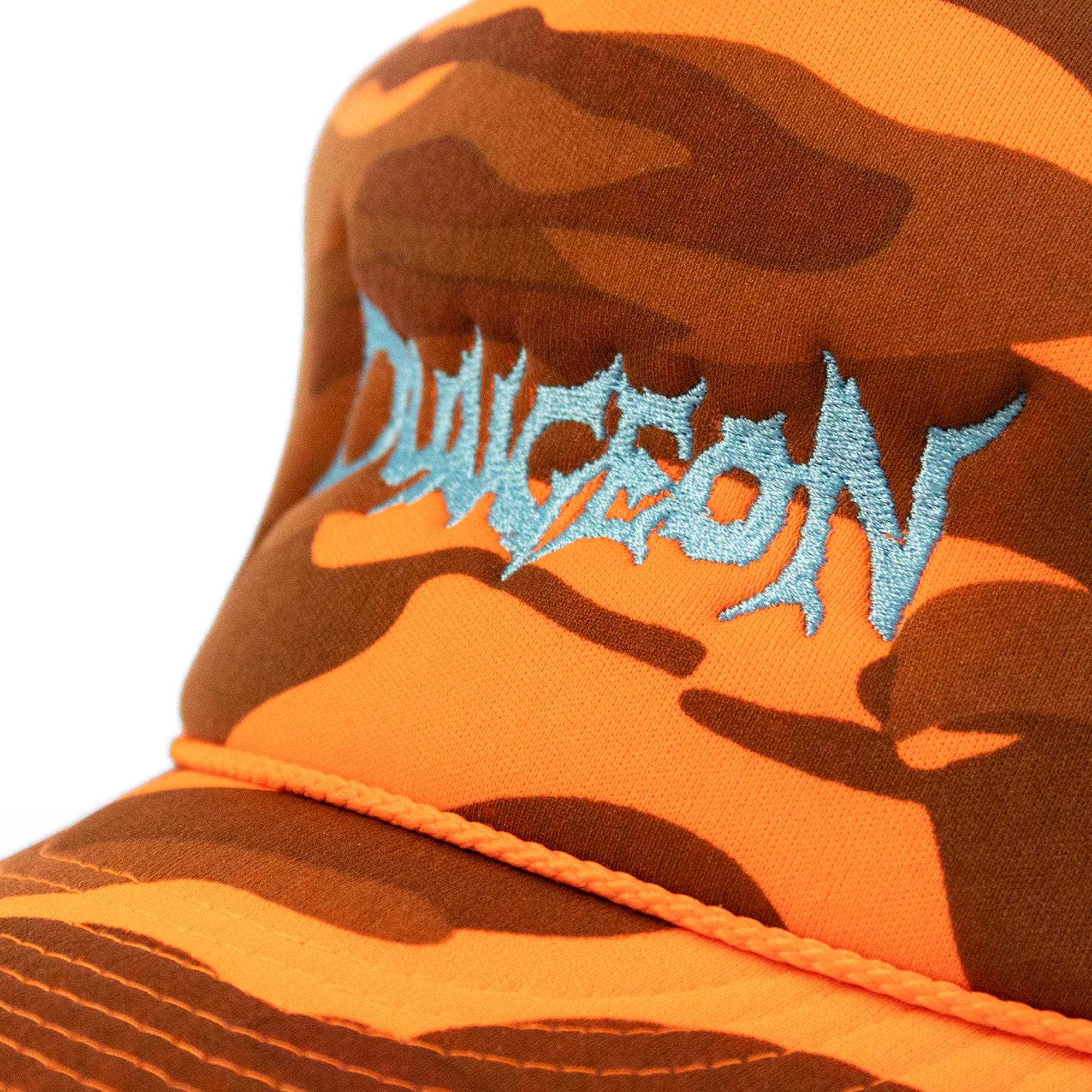 Dungeon Logo Trucker Cap - Electric Blue / Orange Camo