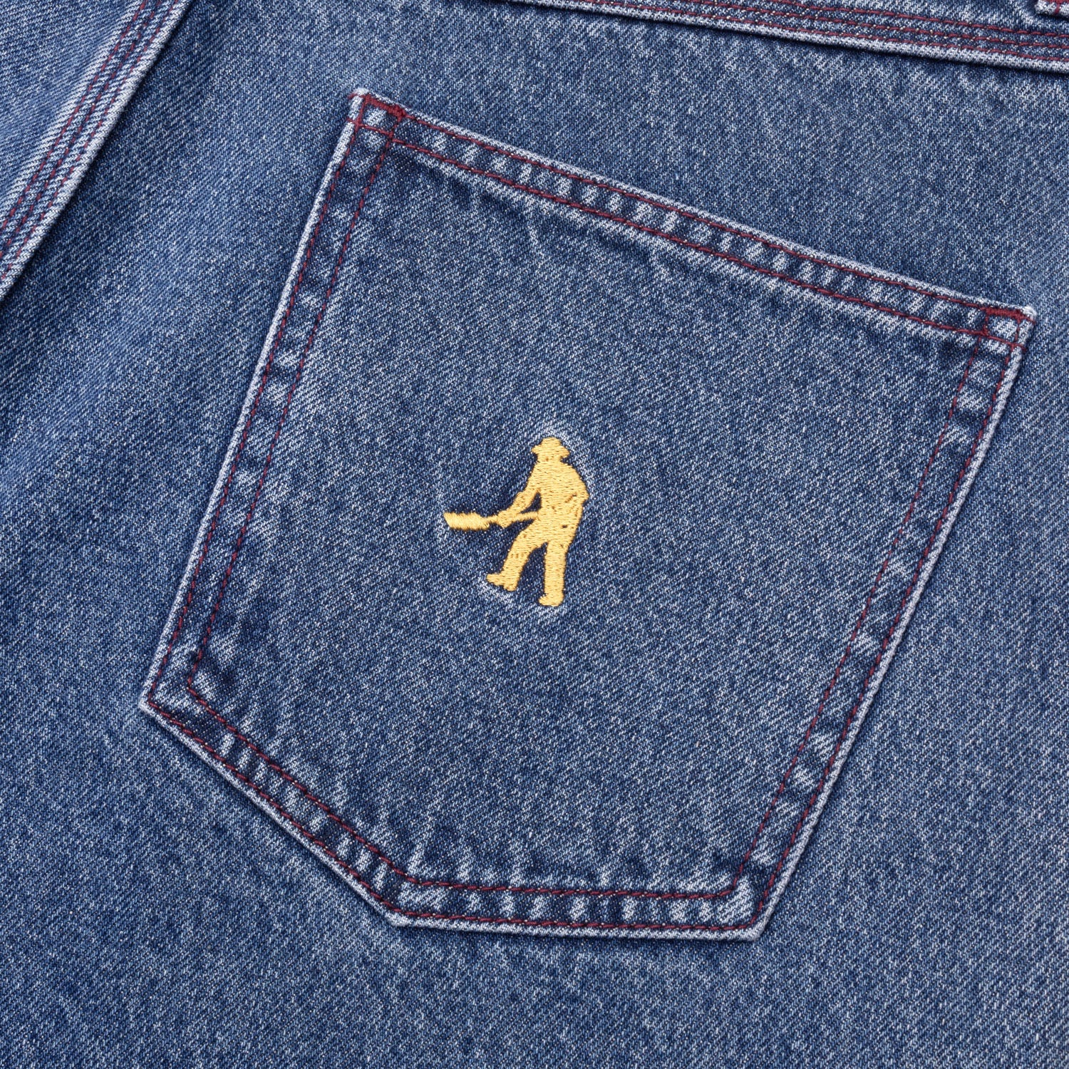 Pass~Port Workers Club Denim Short - Washed Dark Indigo / Maroon Stitch