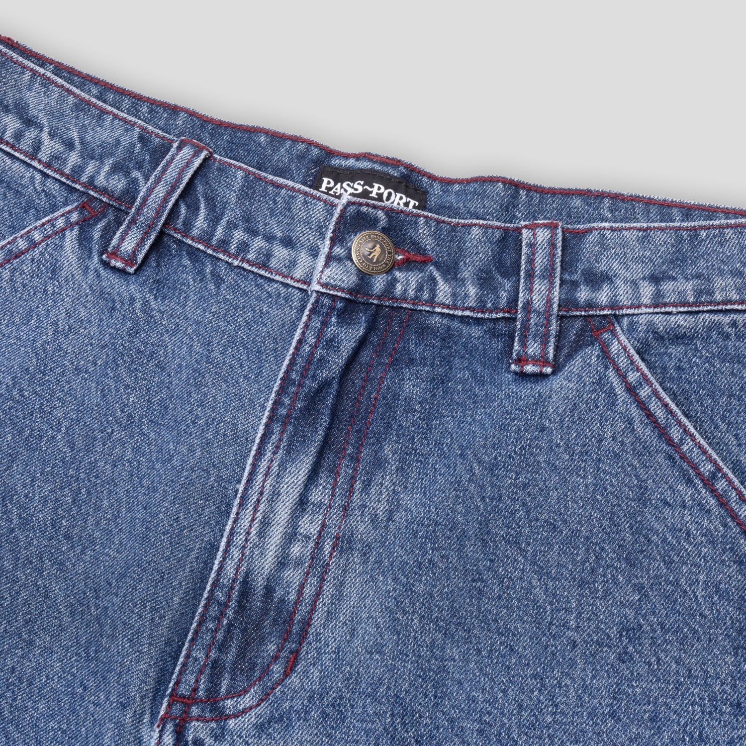 Pass~Port Workers Club Denim Short - Washed Dark Indigo / Maroon Stitch