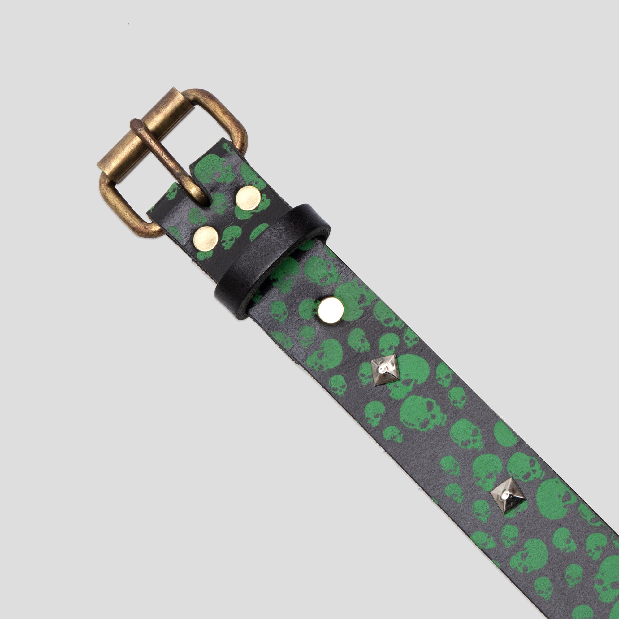 Personal Joint Leopard Skulls Studded Leather Belt - Green / Black / Silver